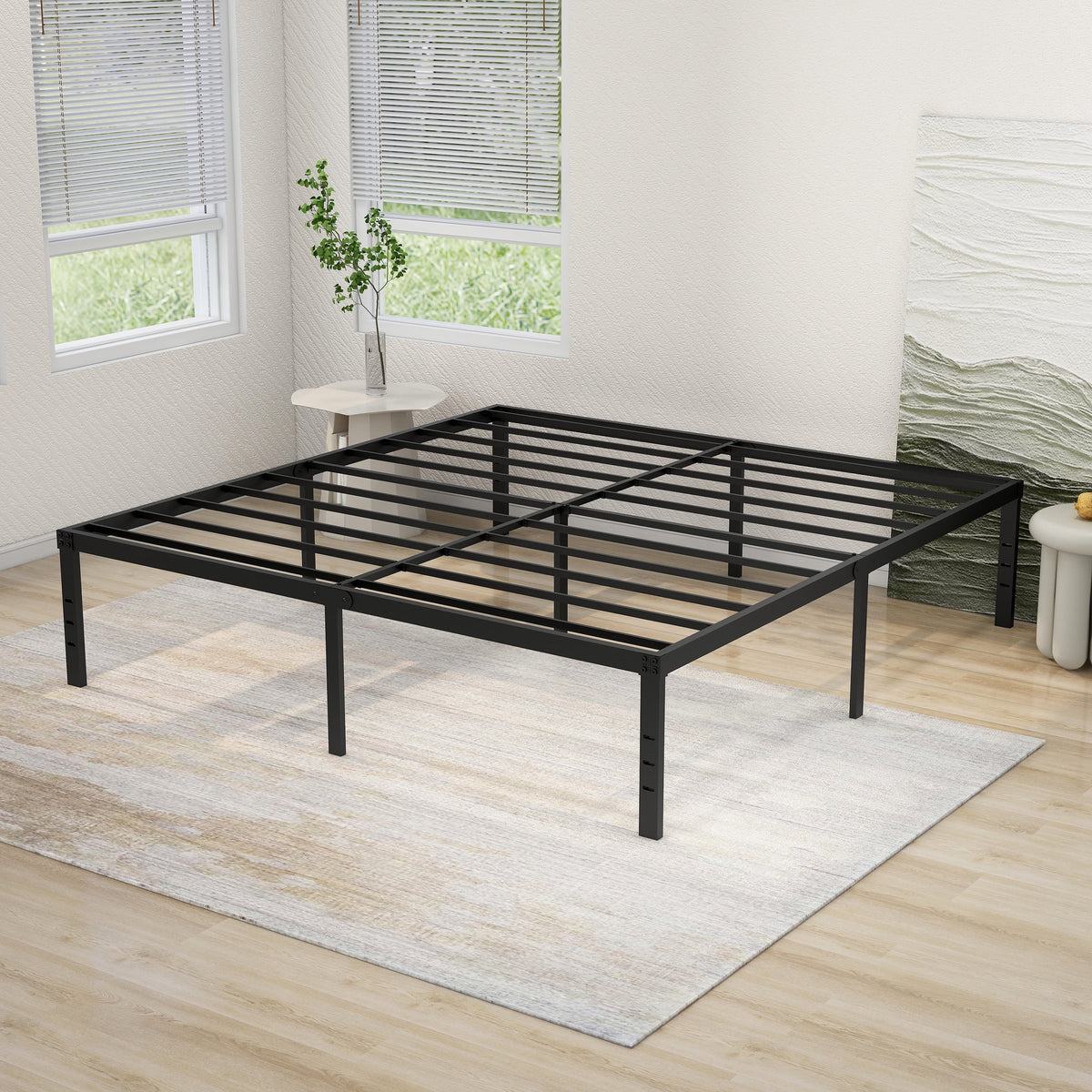 18" 3500 lbs Heavy Duty Black Steel Slat Metal King Bed Frame H7939