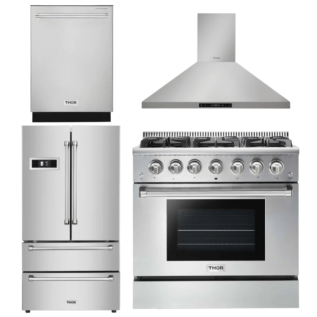 36 Propane Gas Range, Range Hood, Refrigerator, Dishwasher Package E10512