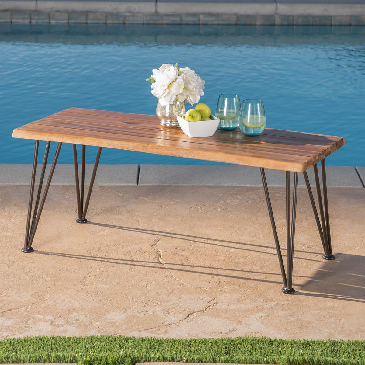 Outdoor Industrial Iron and Teak Finished Acacia Wood Coffee Table I266
