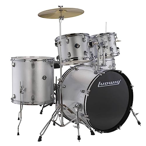 5-piece Complete Drum Set with 22-inch Bass Drum and Cymbals, Silver Sparkle E7055