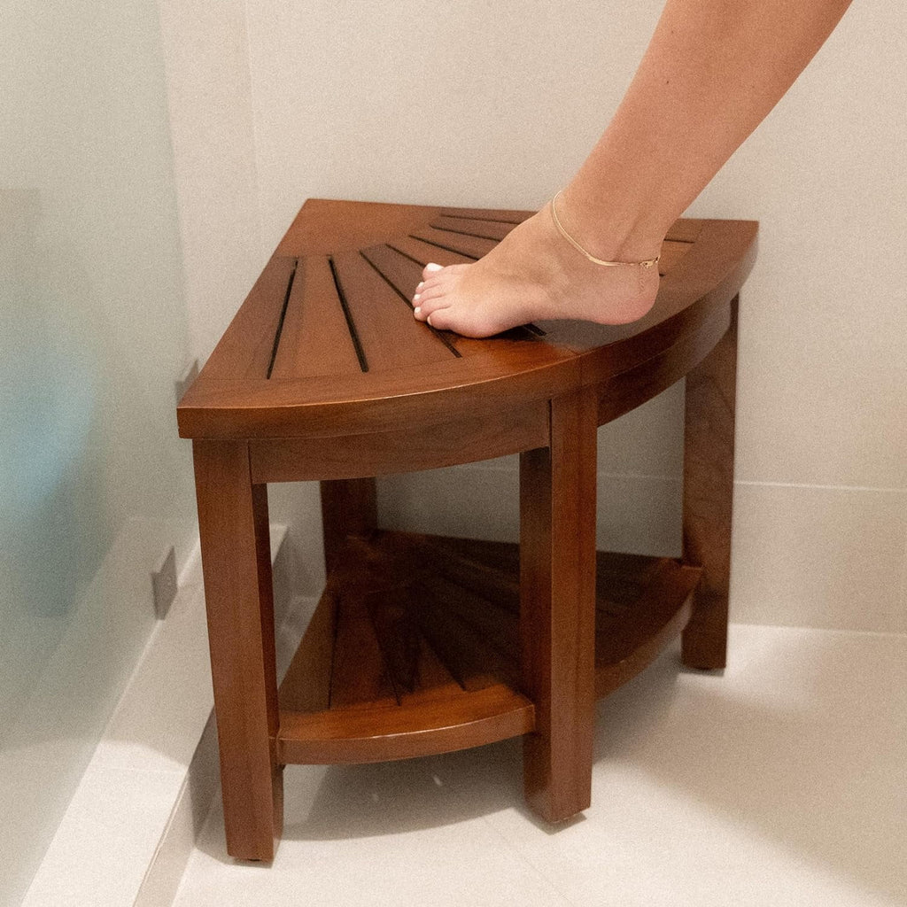 Teak Corner Bench with Shelf, 18 Inch Wooden Seat Stool P39026