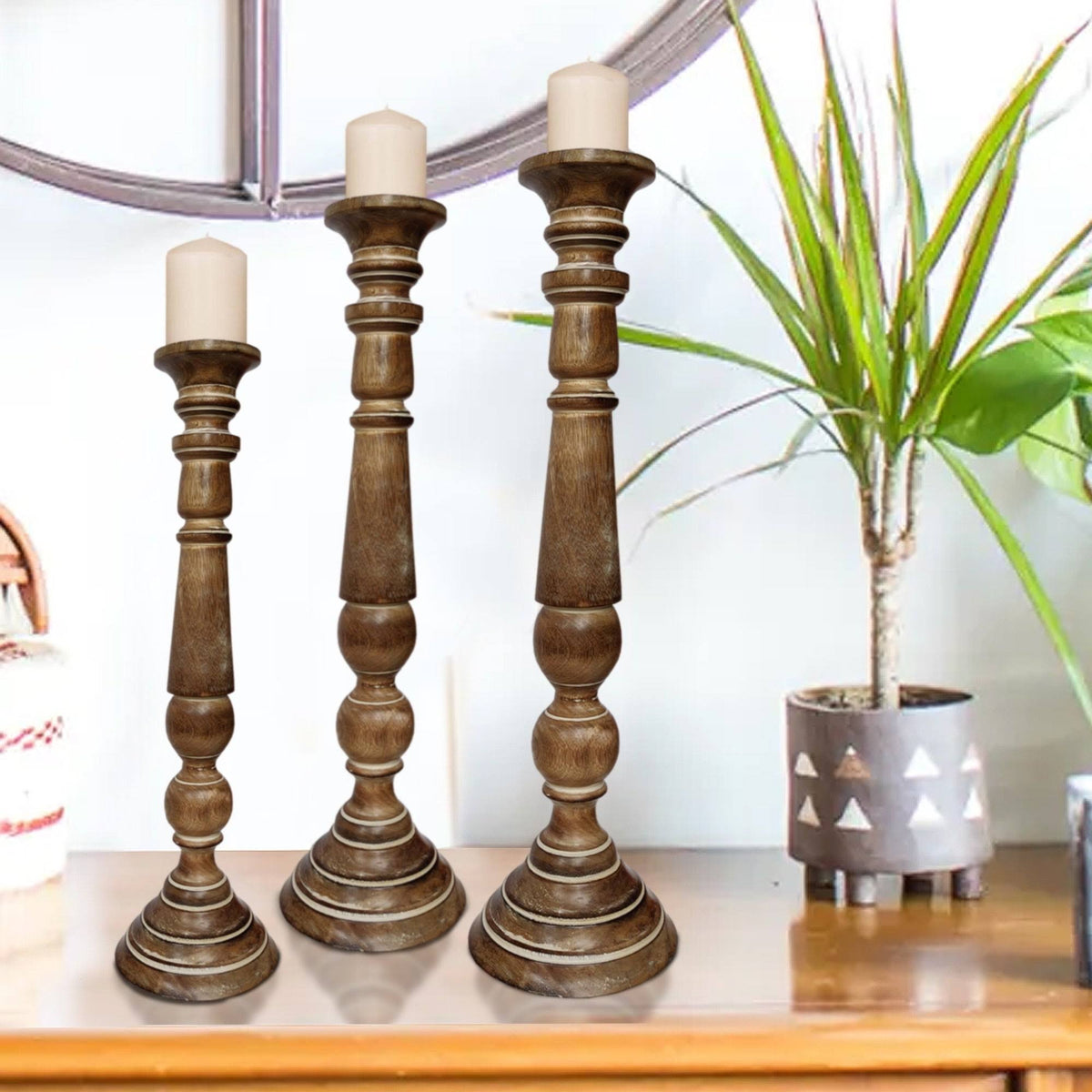 Handmade Wooden Candle Holder Set of 3 L5069