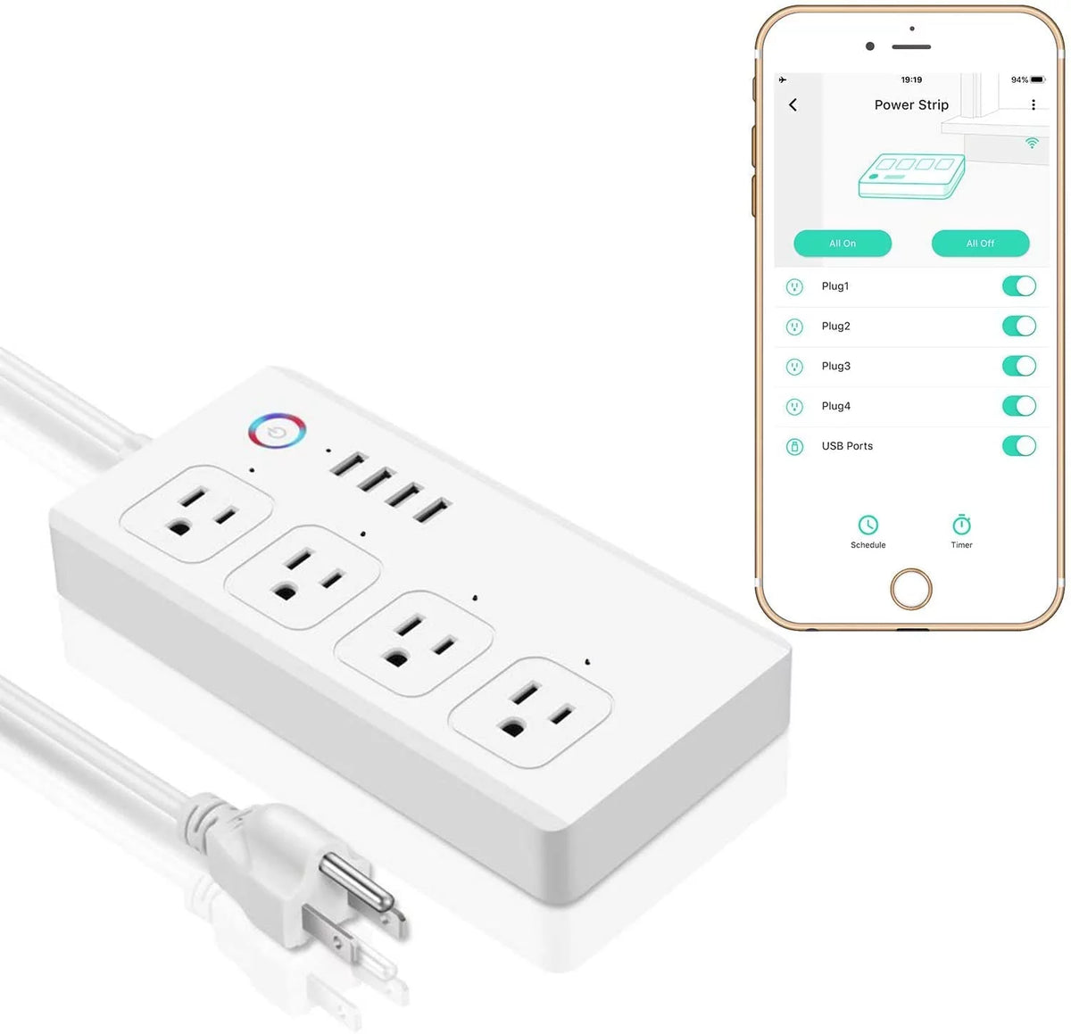 Smart Power Strip with 4 USB Charging Ports 4 AC Plugs C444889