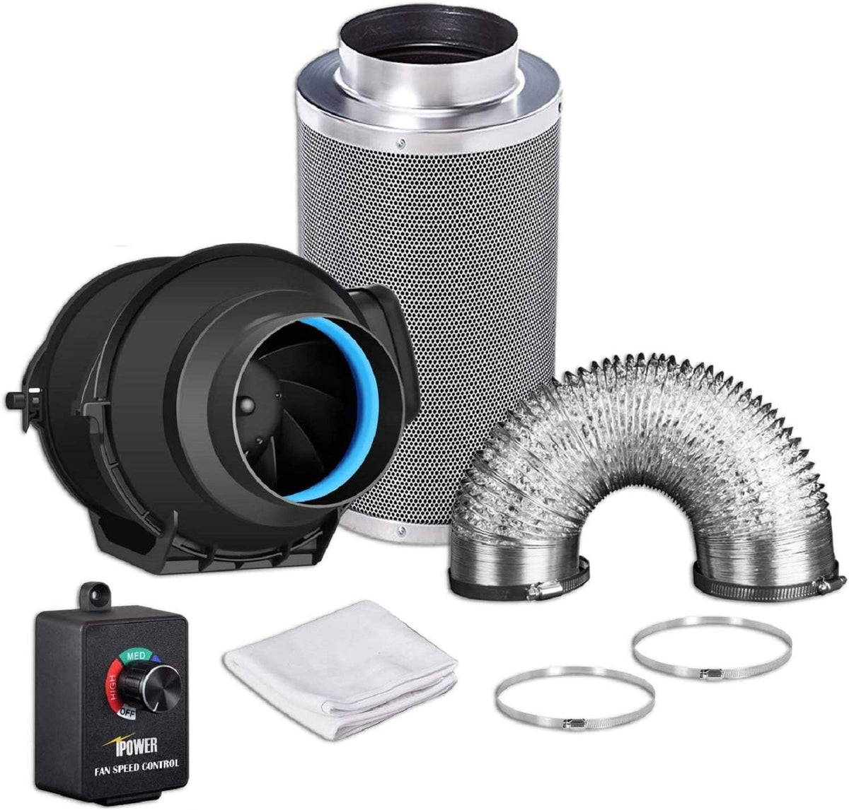 4 Inch 118 CFM Inline Fan with Variable Speed Controller Carbon Filter 8 Feet Ducting Combo G948324