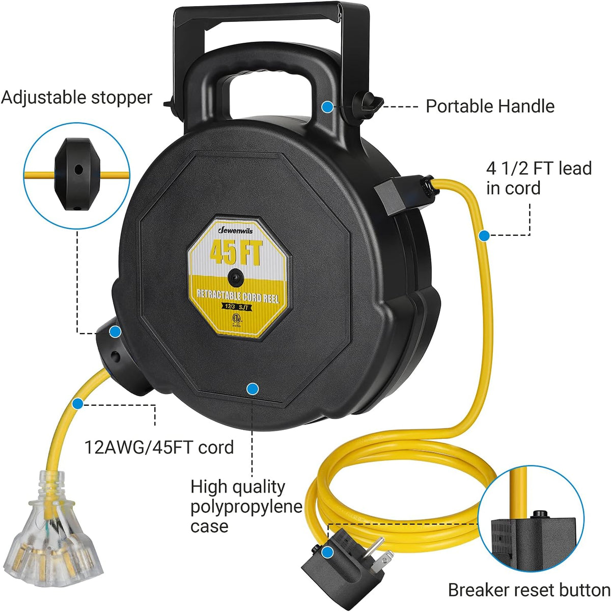 45FT Heavy Duty Retractable Extension Cord Reel with Triple Tap O65786