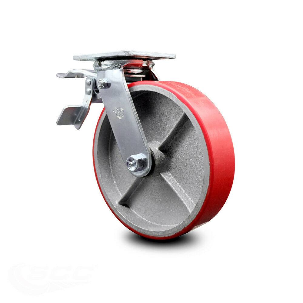 8 inch Red Poly on Cast Iron Caster with Total Lock Brake N2646