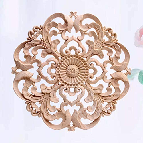 Wood Carved Onlay Applique Round Flower Unpainted Corner Decal Wood Wall Art 15x15cm V99271
