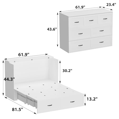 White Queen Size Murphy Cabinet Bed with Drawers J66386