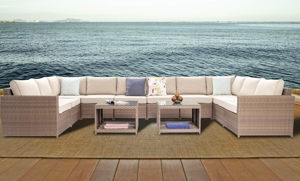 Wicker Patio Furniture Conversation Set Outdoor Rattan Sectional Couch Sofa with Coffee Table (12PCS Light Brown) K892759