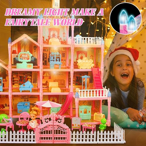 13 Rooms Dollhouse with Dolls Figures, Lights, Puppies, Furnitures, Accessories (Pink) W896777