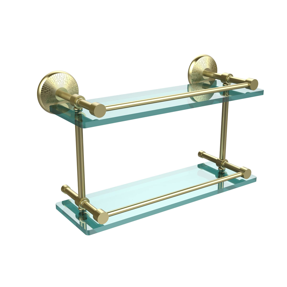 16-inch Double Glass Shelf with Gallery Rail Polished Brass L43069
