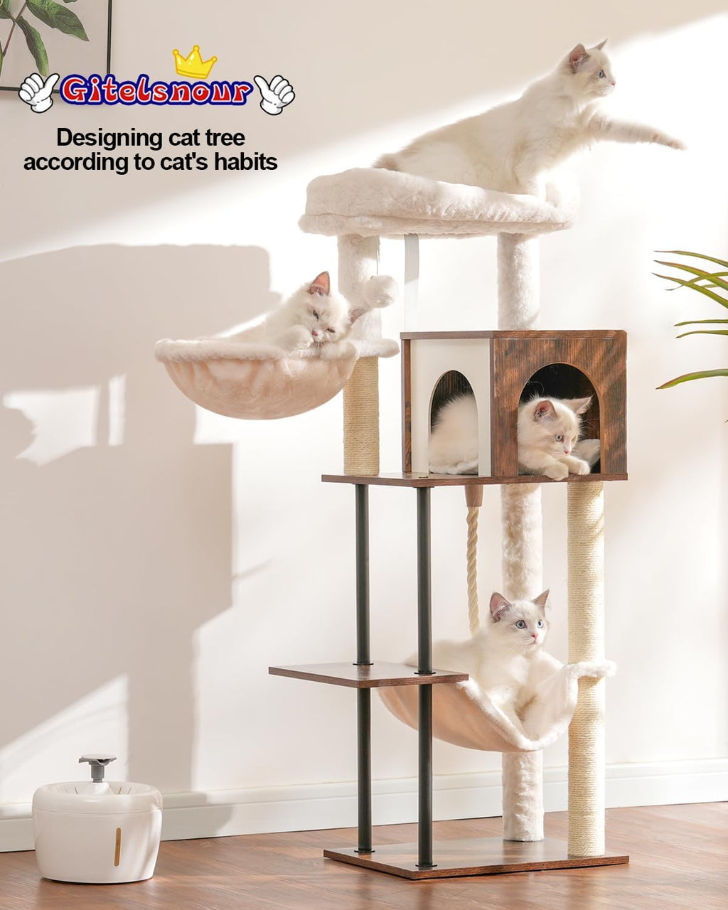 Rustic Brown 43.3in Wood Cat Tree with Sisal Rope Scratching Post W522