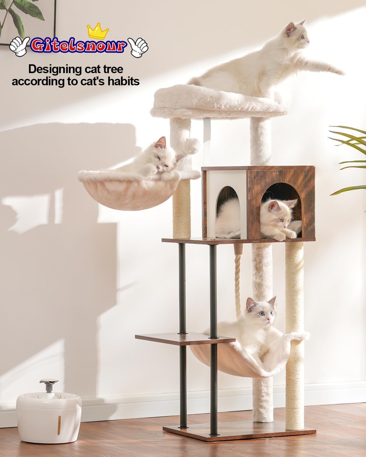 Rustic Brown 43.3in Wood Cat Tree with Sisal Rope Scratching Post W522