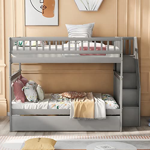 White Solid Wood Twin Size Loft Bed with L-Shaped Desk and Stairs O174021