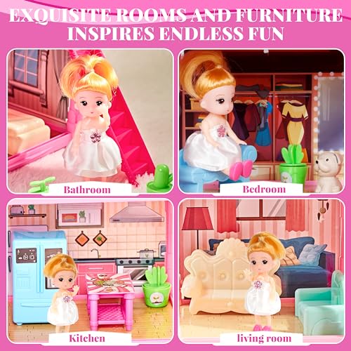 13 Rooms Dollhouse with Dolls Figures, Lights, Puppies, Furnitures, Accessories (Pink) W896777