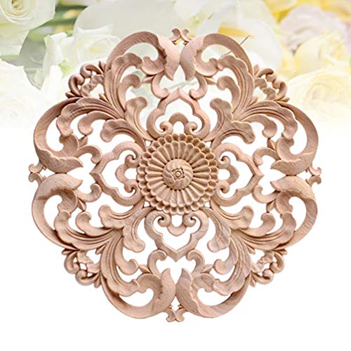 Wood Carved Onlay Applique Round Flower Unpainted Corner Decal Wood Wall Art 15x15cm V99271