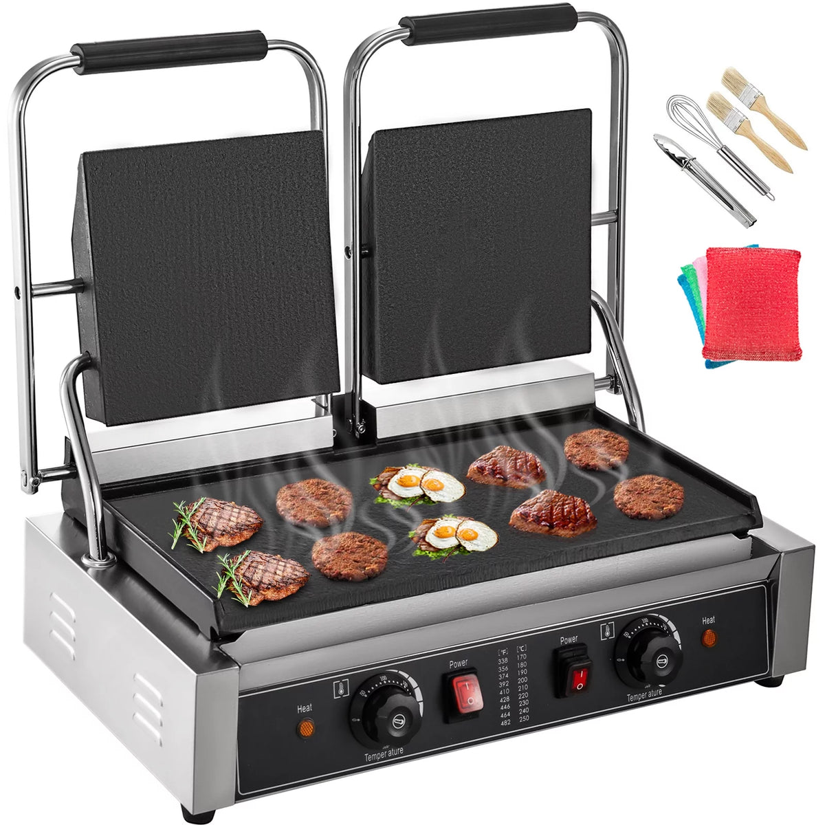 Commercial Sandwich Press Grill 3600W Electric Panini Maker Non-Stick Double Flat Plates Silver+Black S49961