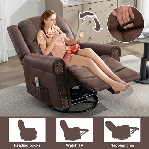 Brown Leather Swivel Rocker Recliner with Massage & Heating L7744