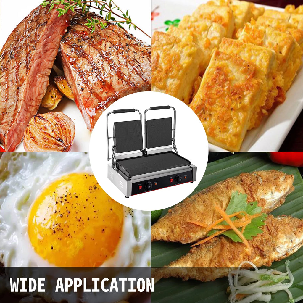 Commercial Sandwich Press Grill 3600W Electric Panini Maker Non-Stick Double Flat Plates Silver+Black S49961