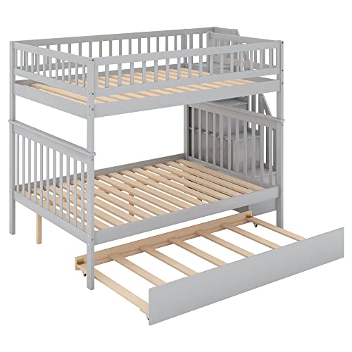White Solid Wood Twin Size Loft Bed with L-Shaped Desk and Stairs O174021