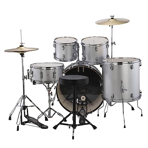 5-piece Complete Drum Set with 22-inch Bass Drum and Cymbals, Silver Sparkle E7055