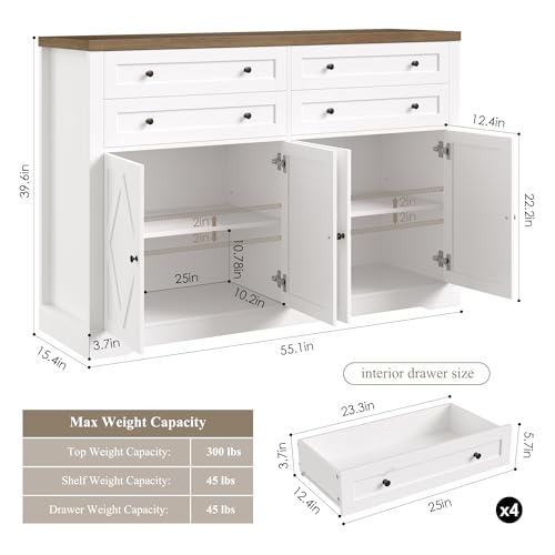 55" Coffee Bar with 4 Large Drawers, Tall Buffet Cabinet with Storage, Adjustable Shelves, Ash Grey O588879