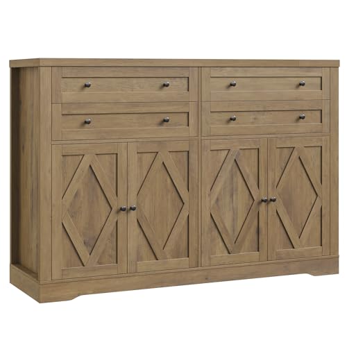55" Coffee Bar with 4 Large Drawers, Tall Buffet Cabinet with Storage, Adjustable Shelves, Ash Grey O588879