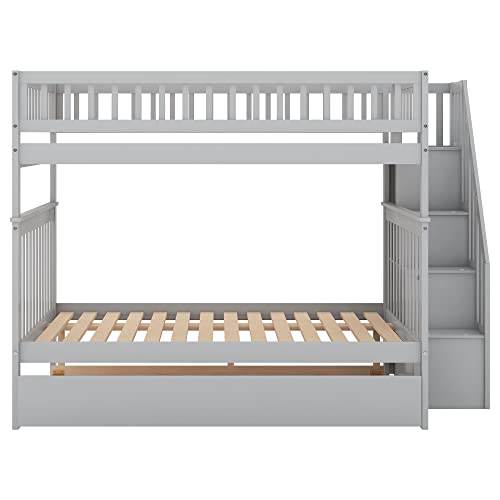 White Solid Wood Twin Size Loft Bed with L-Shaped Desk and Stairs O174021