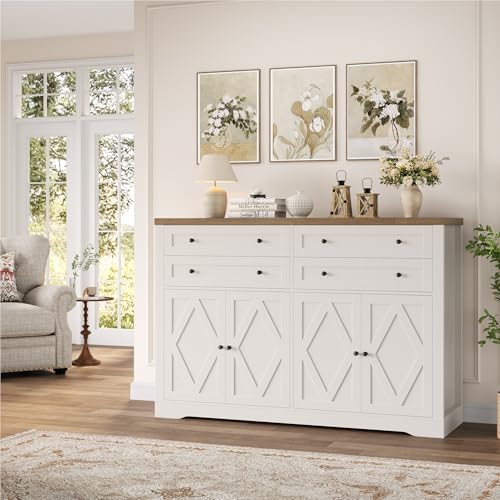 55" Coffee Bar with 4 Large Drawers, Tall Buffet Cabinet with Storage, Adjustable Shelves, Ash Grey O588879