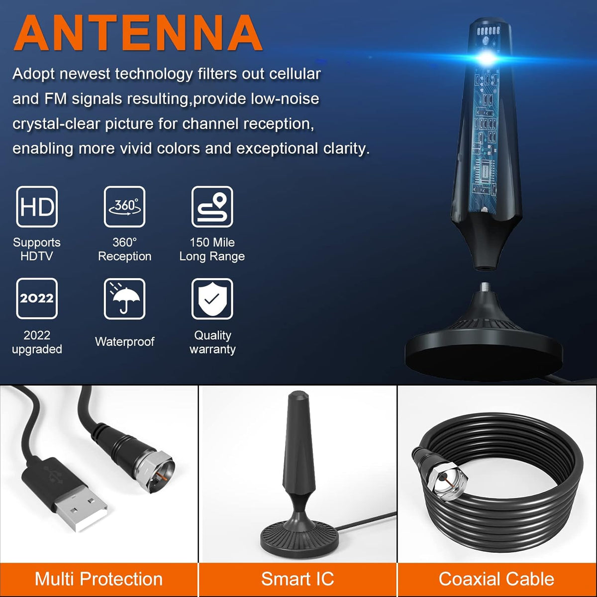 Indoor Amplified HDTV Antenna 300 Miles 4K 1080P with Coax Cable Pack of 2 L10201