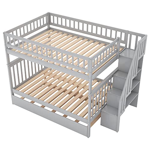 White Solid Wood Twin Size Loft Bed with L-Shaped Desk and Stairs O174021