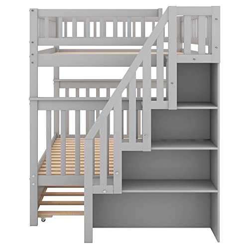 White Solid Wood Twin Size Loft Bed with L-Shaped Desk and Stairs O174021