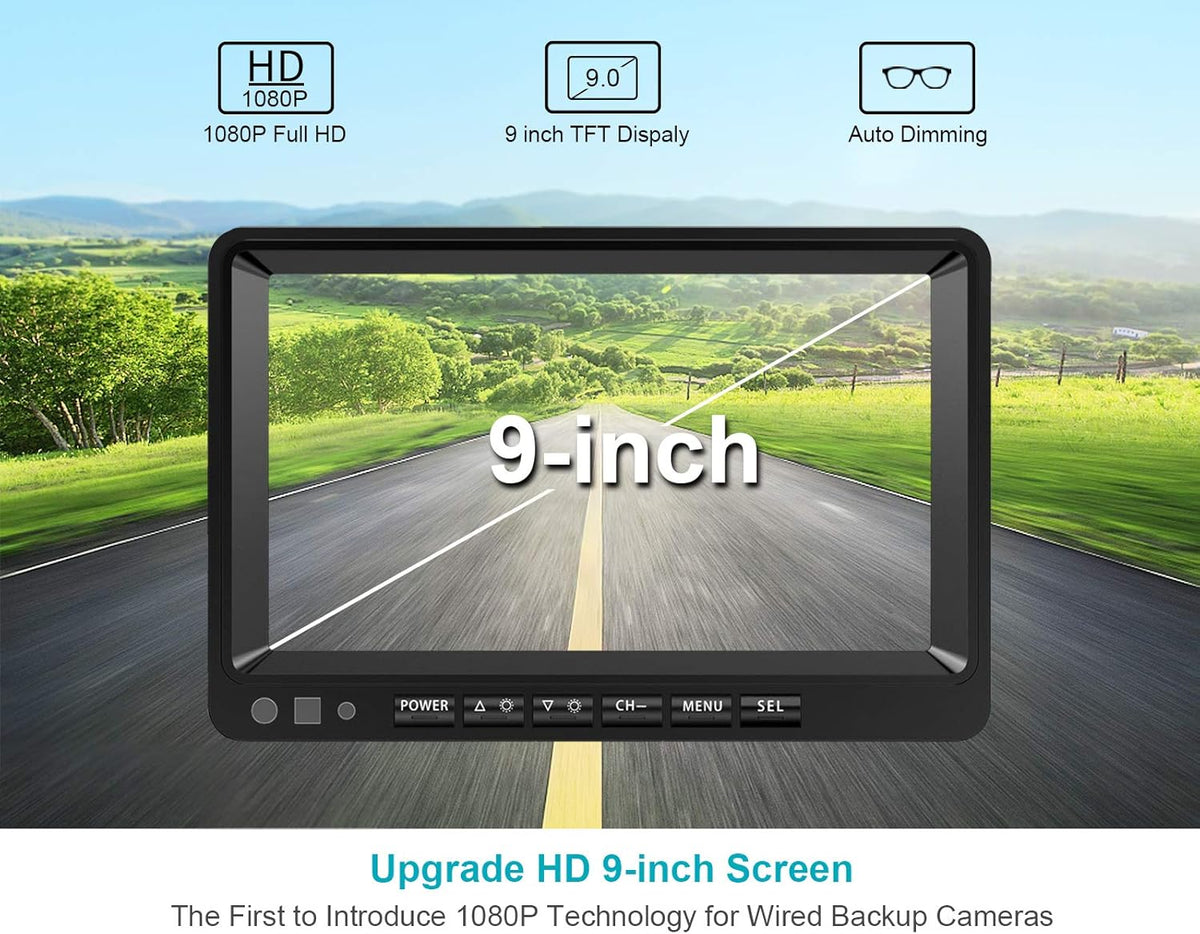 9'' 1080P Backup Camera System Kit with IP69 Waterproof Rear View Camera W225