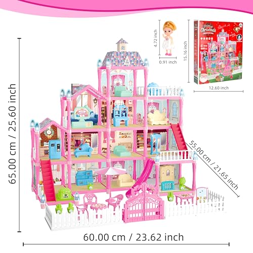 13 Rooms Dollhouse with Dolls Figures, Lights, Puppies, Furnitures, Accessories (Pink) W896777