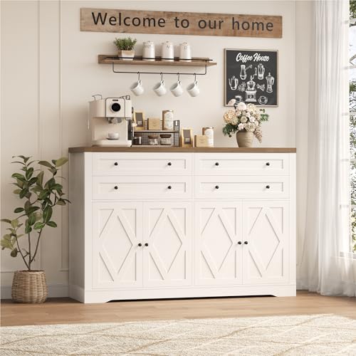 55" Coffee Bar with 4 Large Drawers, Tall Buffet Cabinet with Storage, Adjustable Shelves, Ash Grey O588879