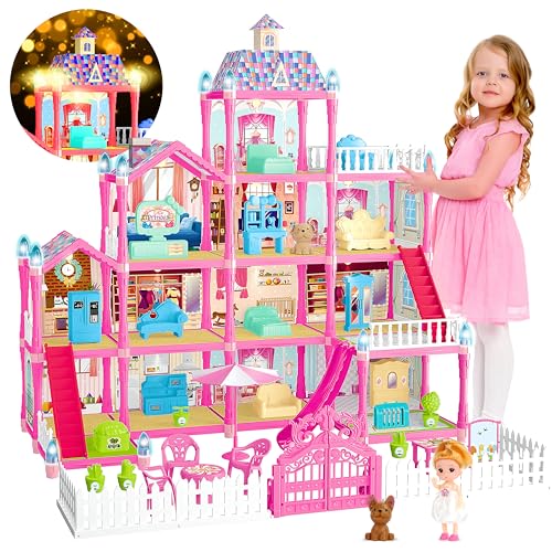 13 Rooms Dollhouse with Dolls Figures, Lights, Puppies, Furnitures, Accessories (Pink) W896777