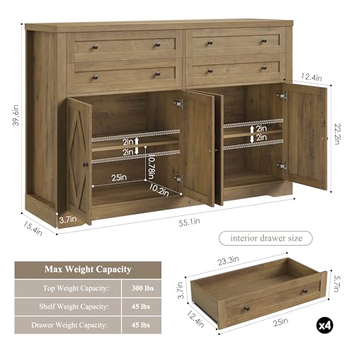 55" Coffee Bar with 4 Large Drawers, Tall Buffet Cabinet with Storage, Adjustable Shelves, Ash Grey O588879