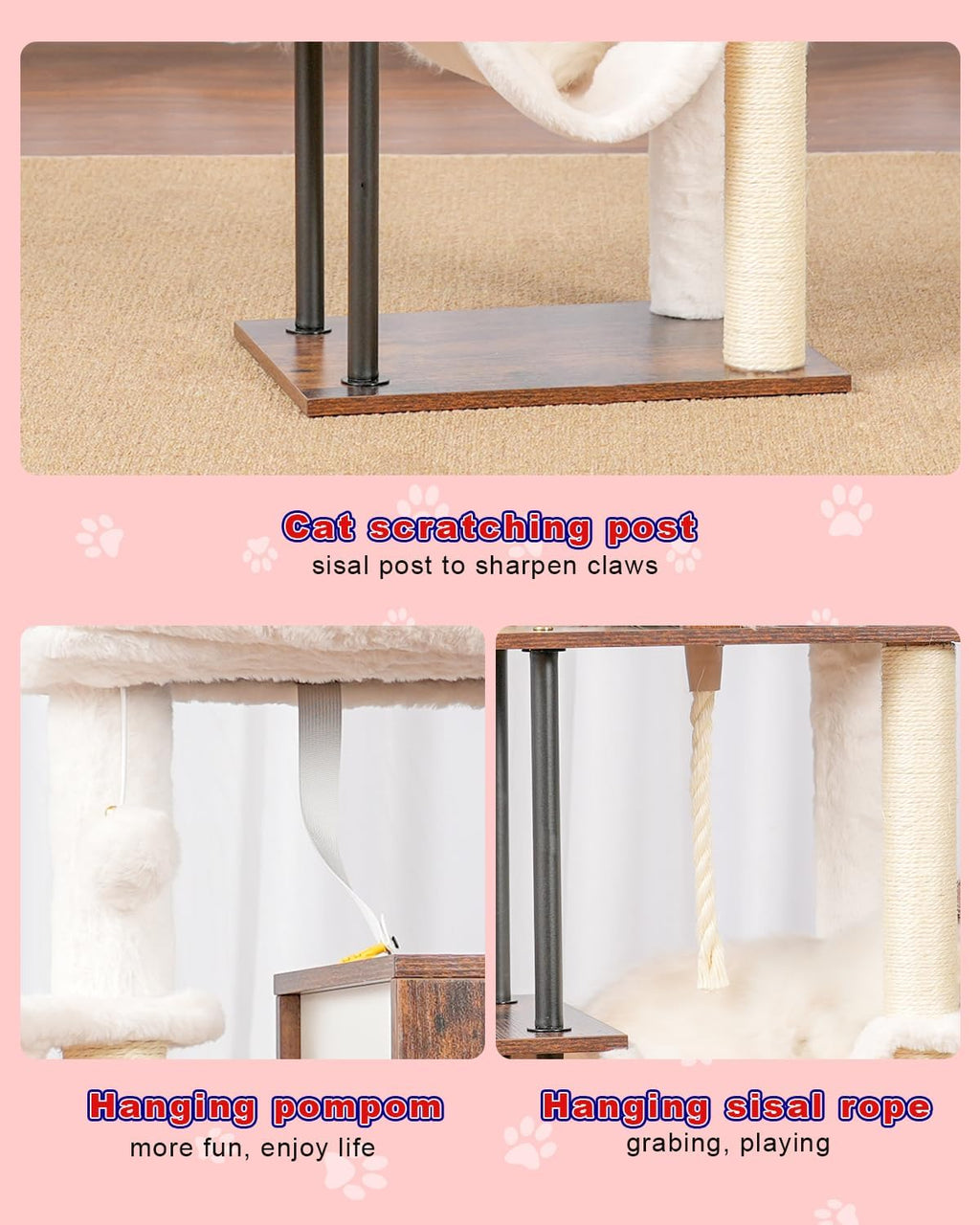 Rustic Brown 43.3in Wood Cat Tree with Sisal Rope Scratching Post W522