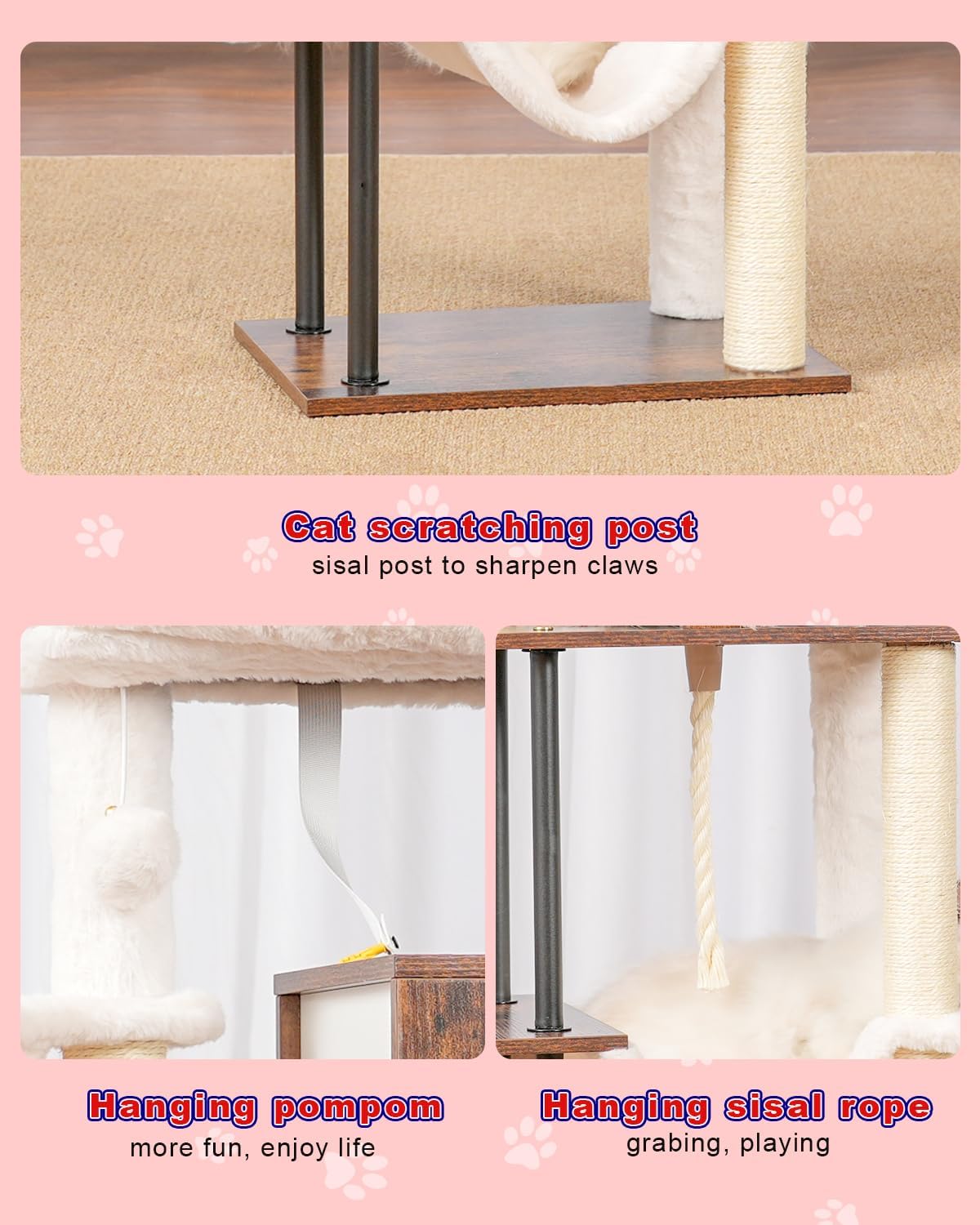 Rustic Brown 43.3in Wood Cat Tree with Sisal Rope Scratching Post W522