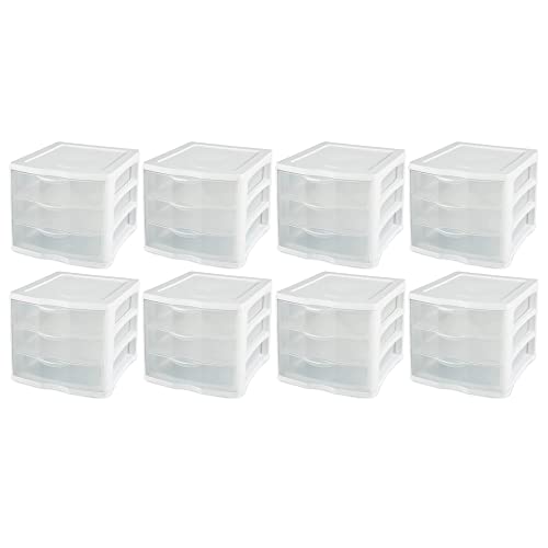 ClearView Compact Stacking 3 Drawer Storage Organizer System, White (8 Pack) Q40106