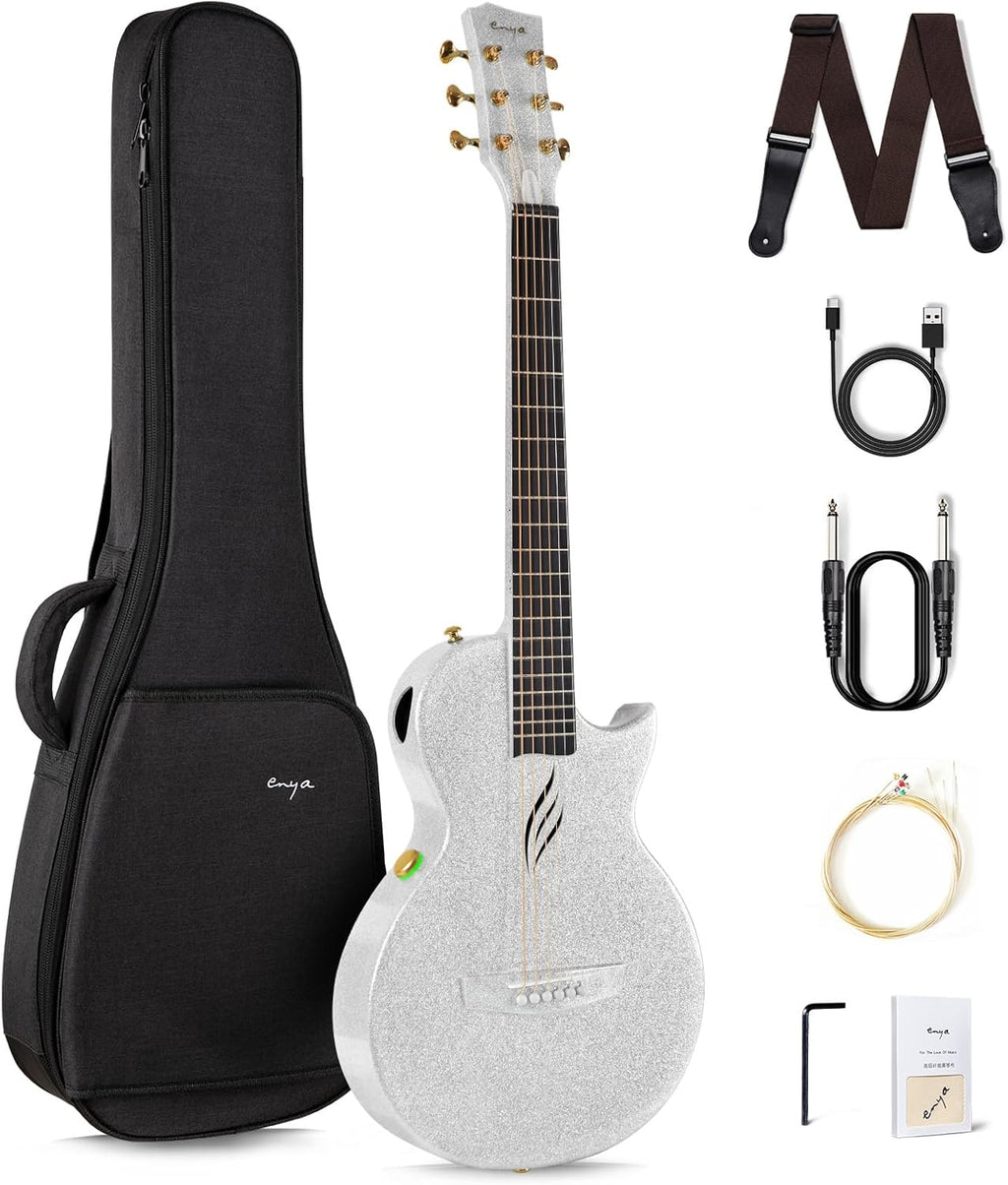 Carbon Fiber Acoustic Electric Guitar with Gig Bag, Strap, Strings, Instrument Cable (Sparkling Silver) D164178