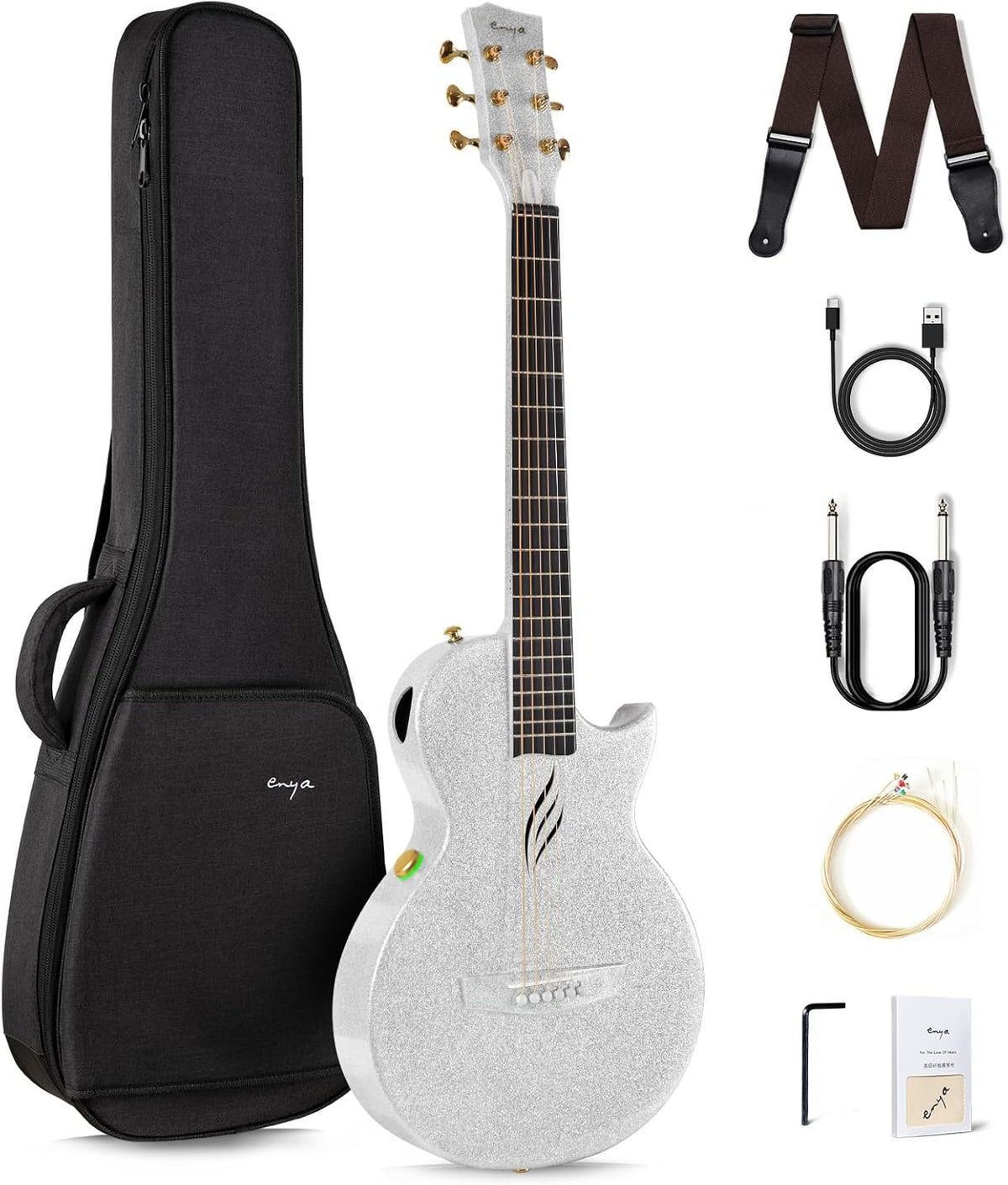 Carbon Fiber Acoustic Electric Guitar with Gig Bag, Strap, Strings, Instrument Cable (Sparkling Silver) D164178