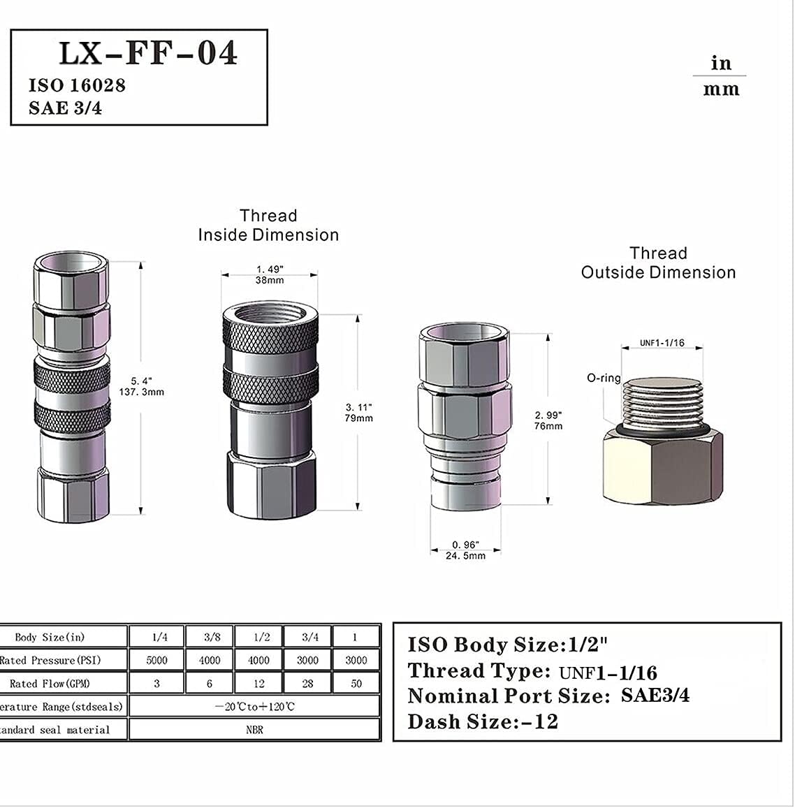 3/4'' SAE-12 UNF1-1/16 Flat Face Hydraulic Quick Connect Coupling, 1/2 Body, Pack of 2 G869861