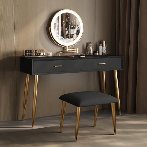 Black 31.5in Vanity Desk Set with 360° Rotating Mirror and Lights, 2 Drawers, Stool L431120