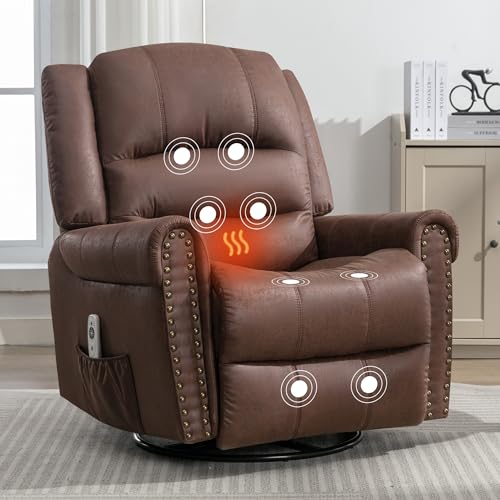 Brown Leather Swivel Rocker Recliner with Massage & Heating L7744