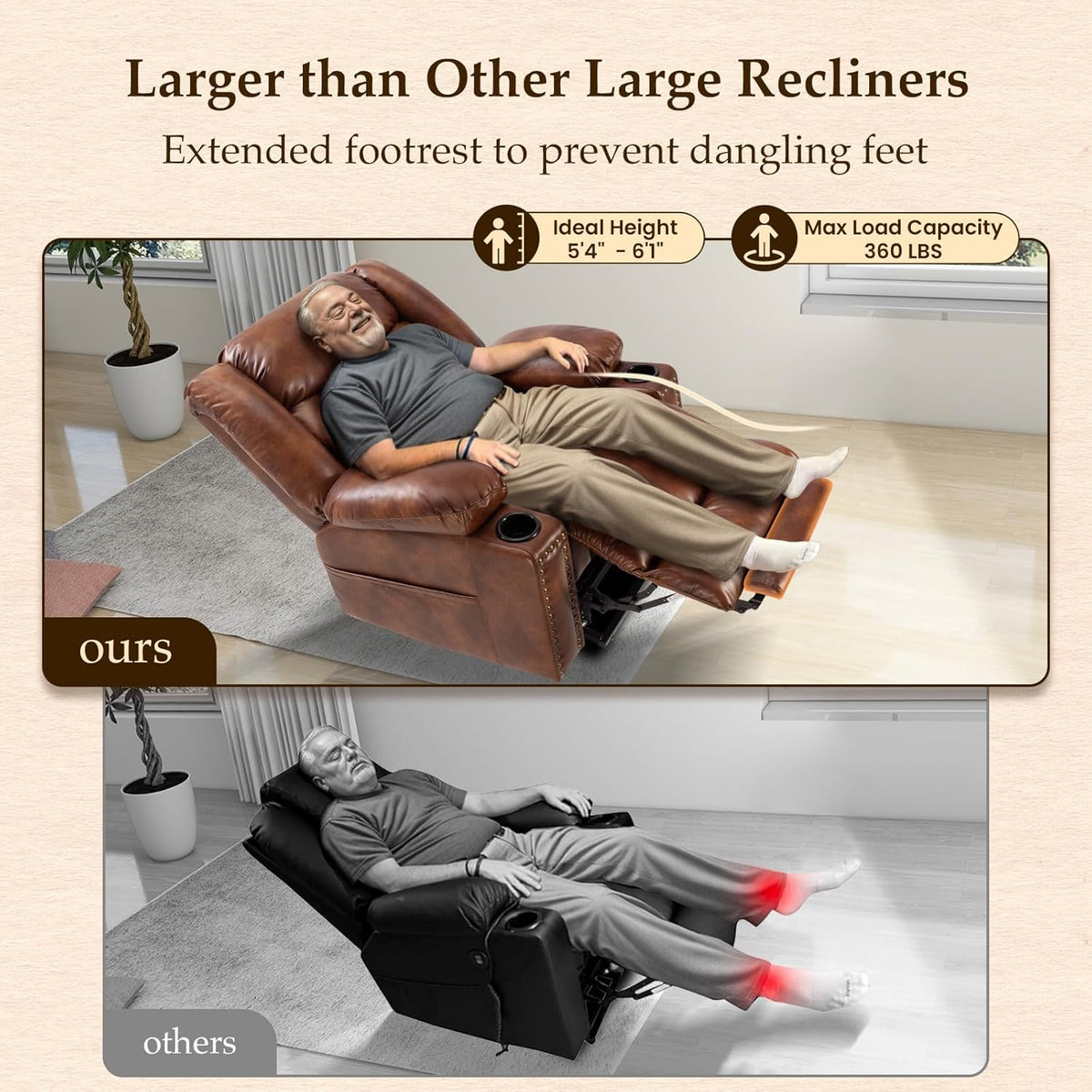 Large Power Lift Recliner with Extended Footrest, Heat and Massage O67454