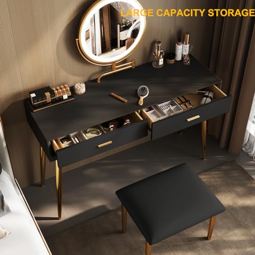 Black 31.5in Vanity Desk Set with 360° Rotating Mirror and Lights, 2 Drawers, Stool L431120