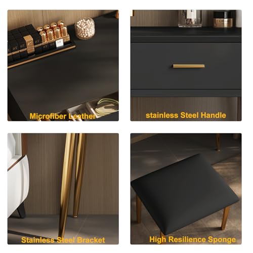 Black 31.5in Vanity Desk Set with 360° Rotating Mirror and Lights, 2 Drawers, Stool L431120
