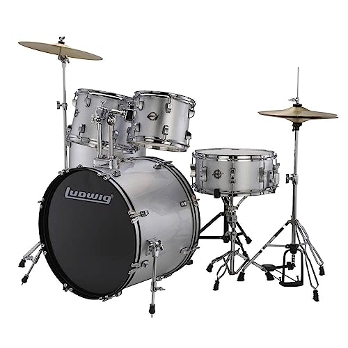 5-piece Complete Drum Set with 22-inch Bass Drum and Cymbals, Silver Sparkle E7055
