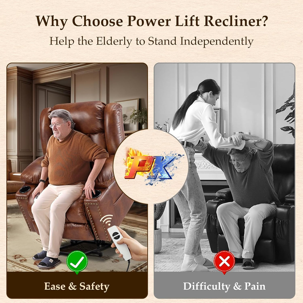 Large Power Lift Recliner with Extended Footrest, Heat and Massage O67454